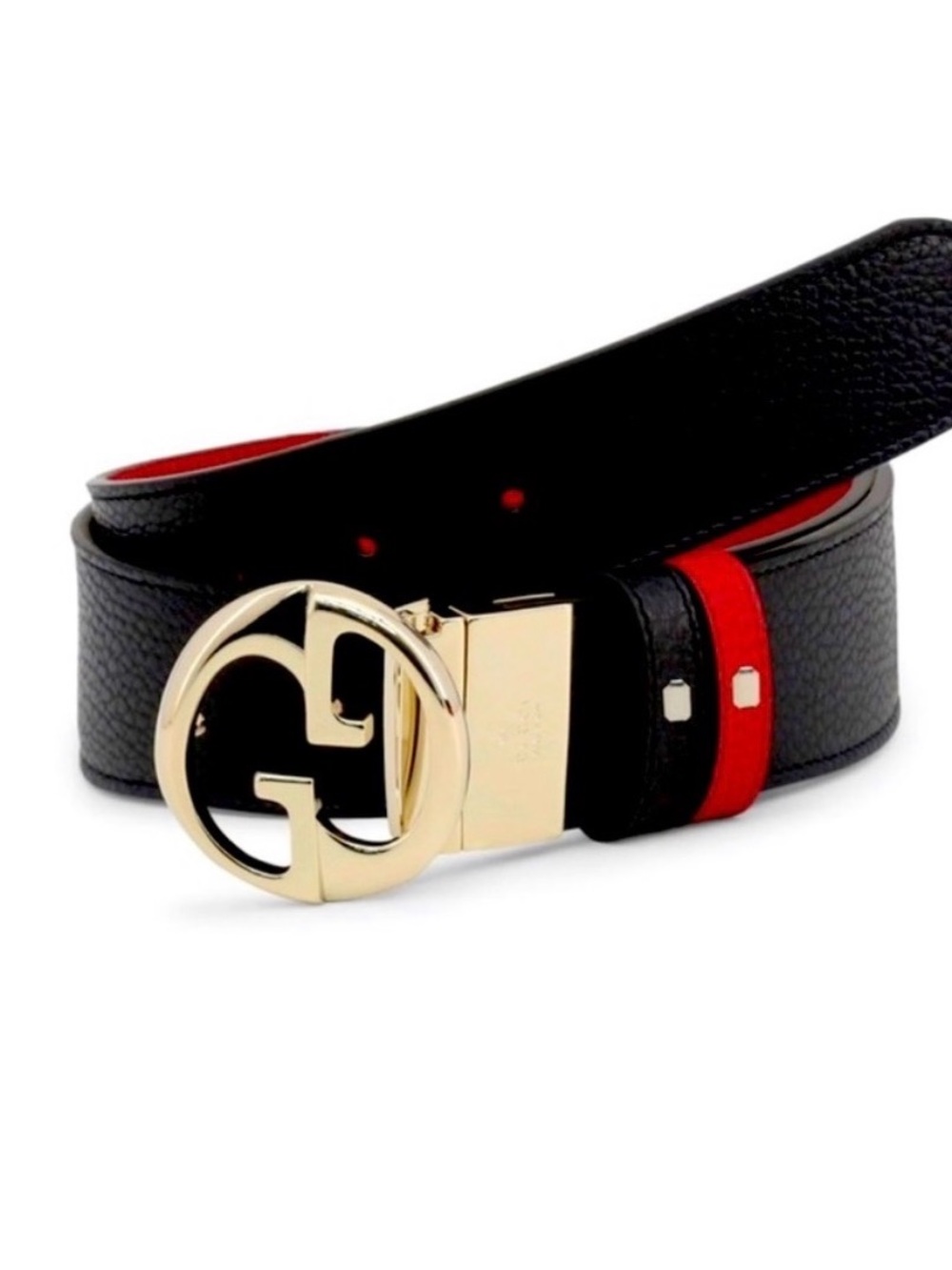 Gucci Reversible Belt Black and Red Leather Belt with Gold Color Buckle